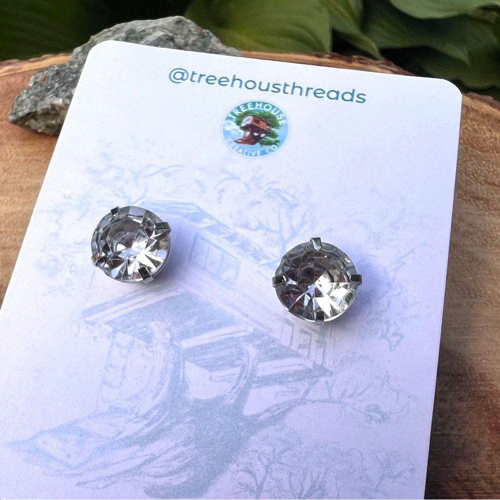 Large Crystal Earrings Studs Silver Tone Glass